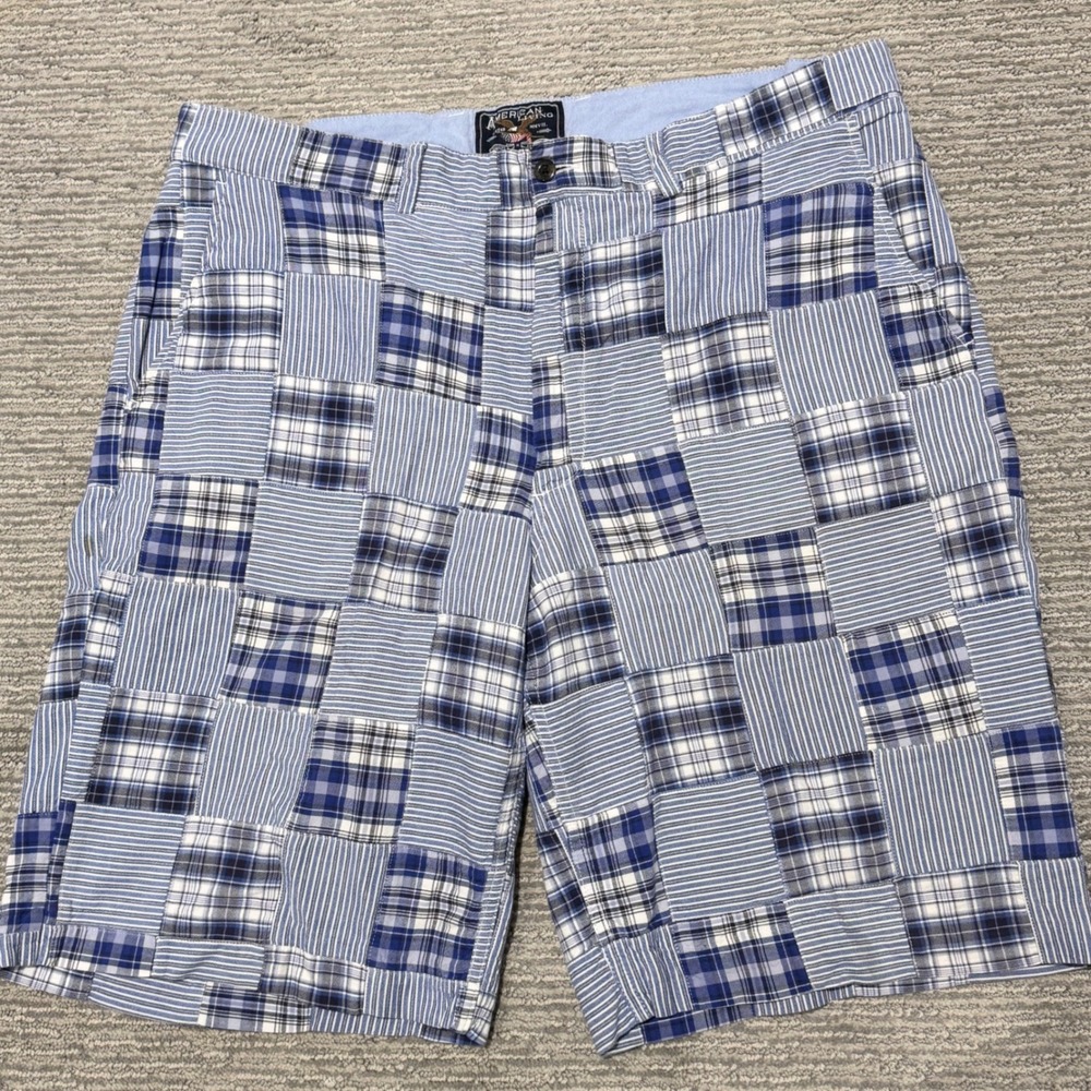 American Living Mens Blue White Patchwork Plaid 100% Cotton Shorts Size 40